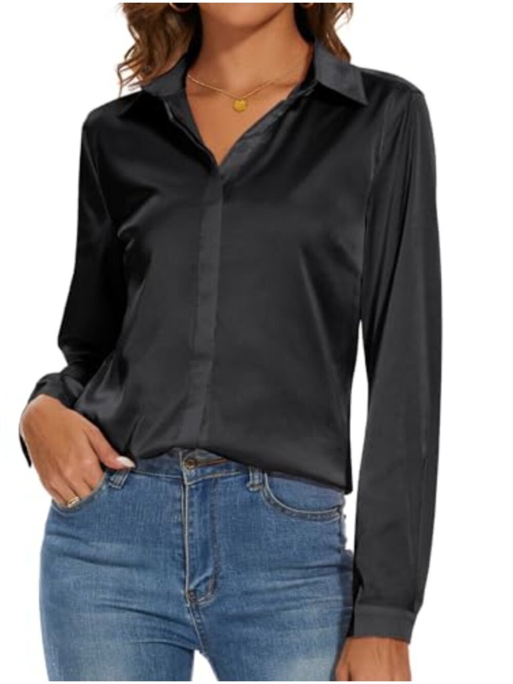 Women's Silk Blouse Long Sleeve Button Down Shirt Casual Office Work Top